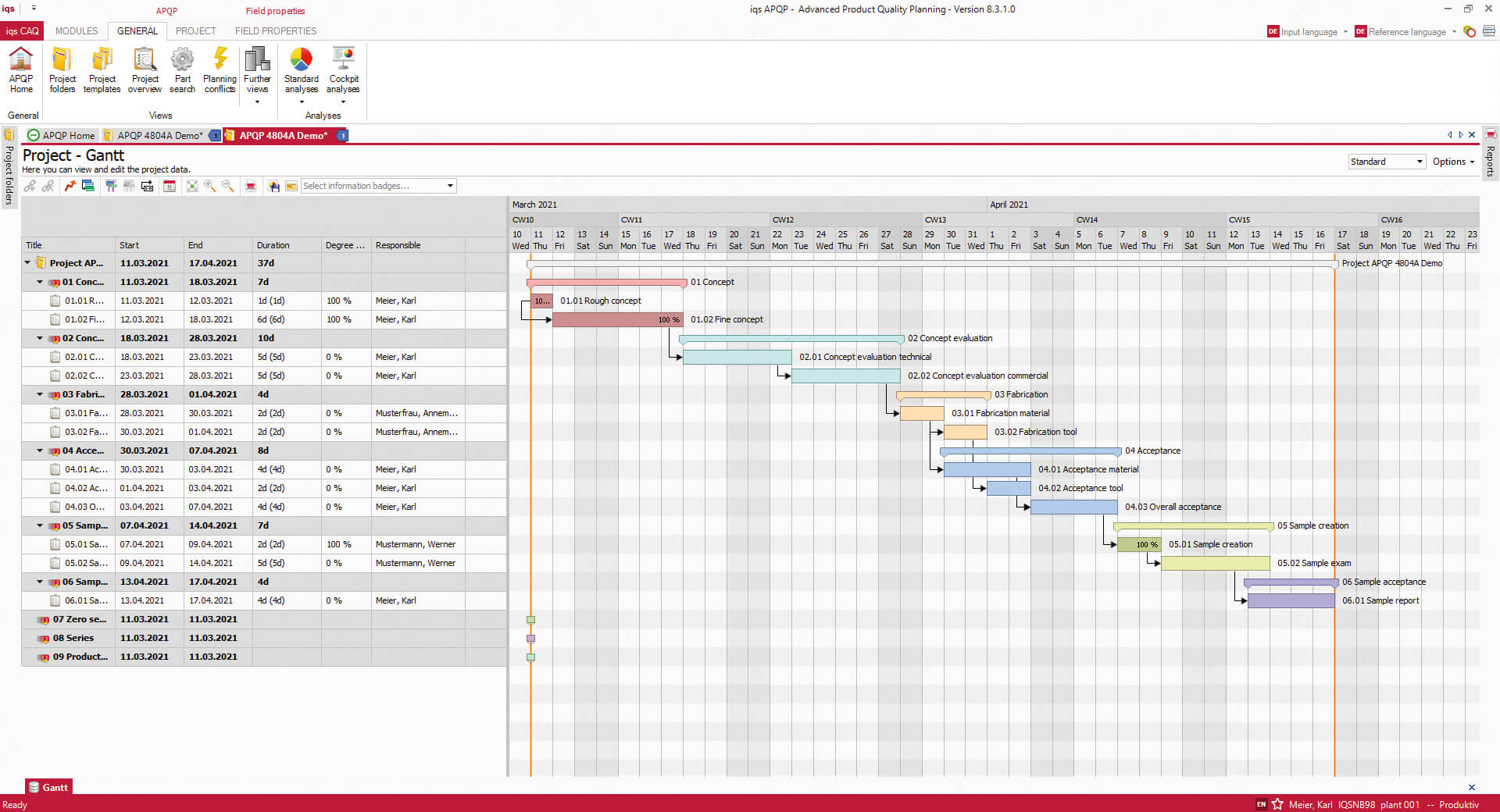 Project Gantt software screen in the APQP Quality Center module
