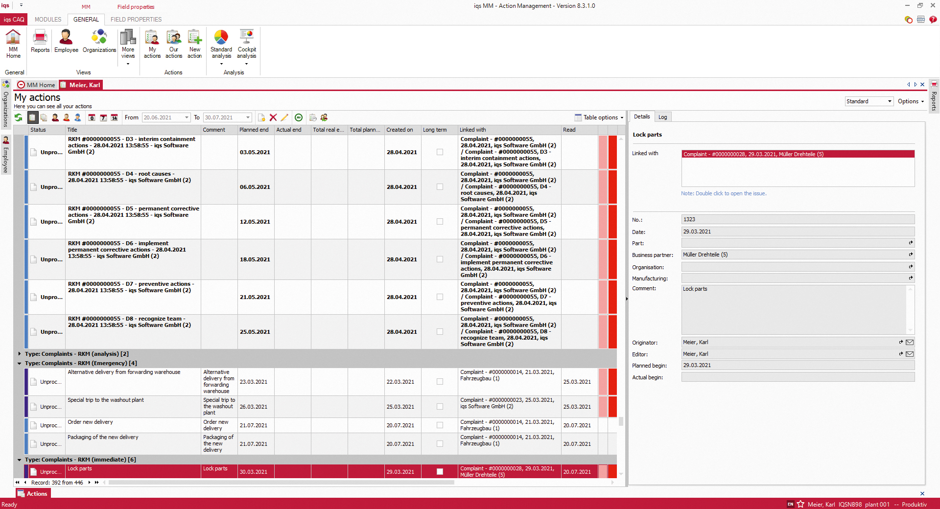 Software screen Overview of Actions Quality Processes