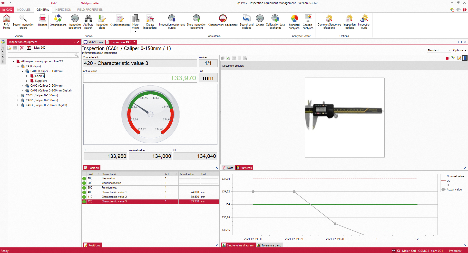 Software screen Calibration of inspection equipment in the inspection equipment management