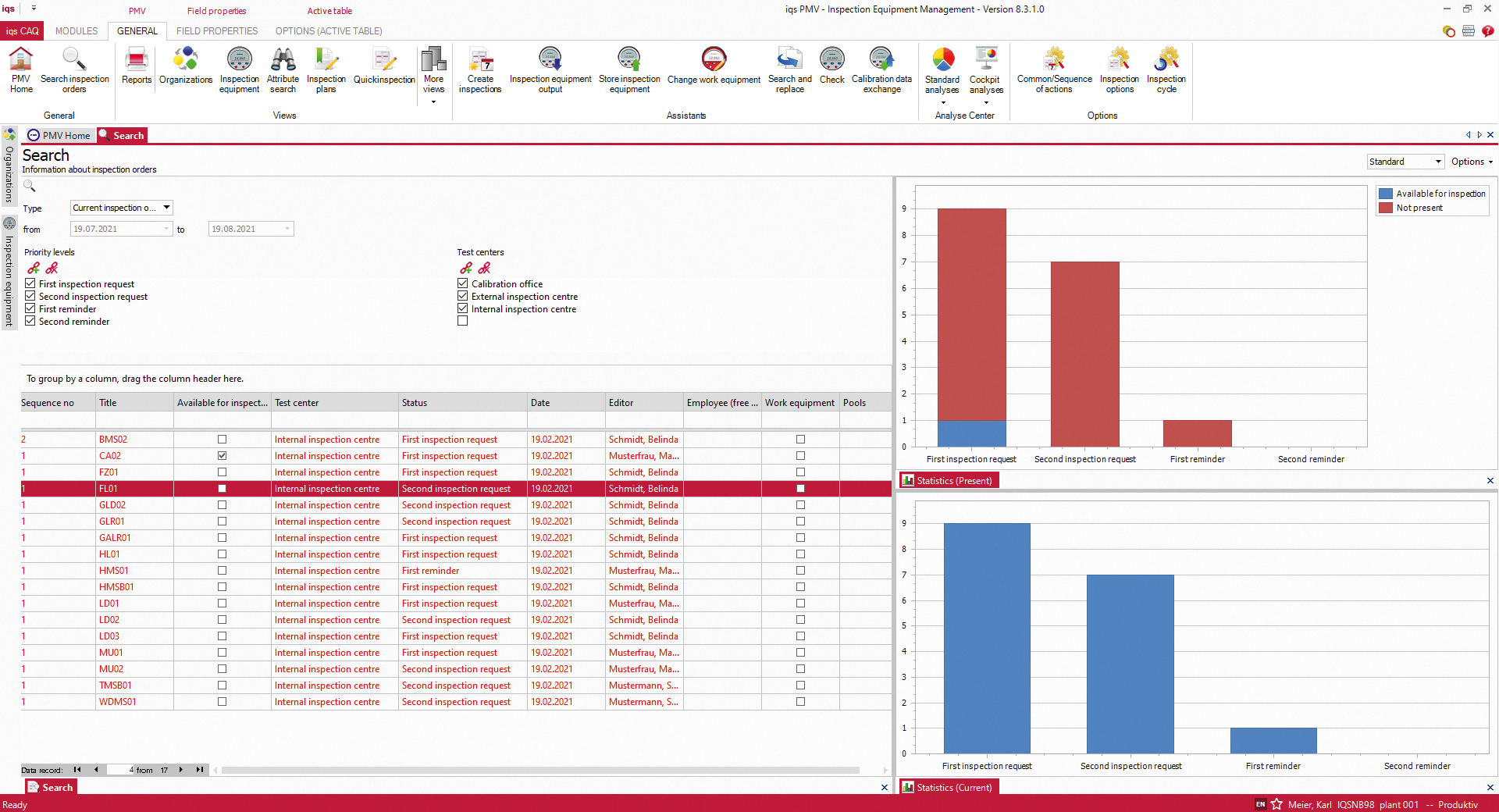 Software screen Overview of inspection orders in test equipment management