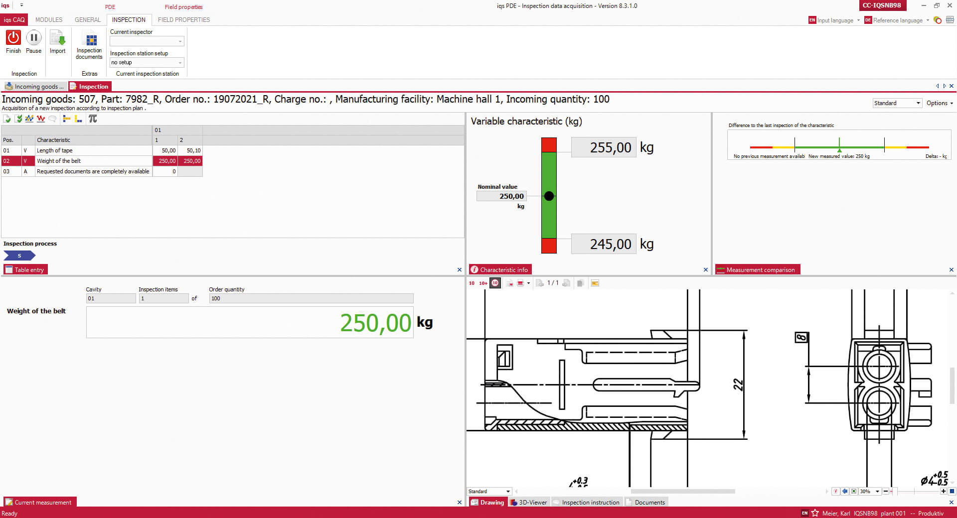 Software screen Incoming goods inspection with technical drawing